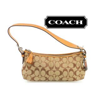 COACH Purse Vintage Tan Monogram Petite East West Demi Baguette Shoulder Bag